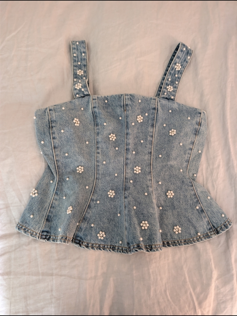 Steve Madden Light Blue Pearl-Embellished Denim Corset Camisole